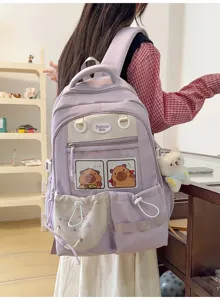 Sac à dos en toile violette style doux japonais pour filles, cartable avec patch d'ours.