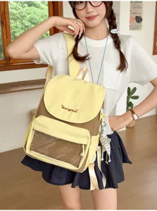 Detailed look at the cute milk yellow college style backpack with clear front pocket for daily commute.