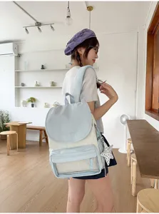 Sac à dos universitaire doux avec poche frontale transparente, cartable décontracté pour femmes.