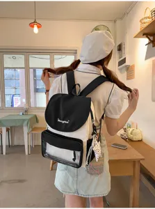 Sac à dos style collège en toile avec poche avant transparente et design à rabat, vue arrière.