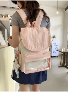 Sweet style college canvas backpack with clear front pocket and pink flap design for daily use