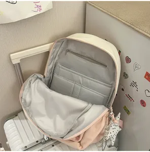 Sac à dos style collège jaune crème avec poches intérieures, sac décontracté doux.