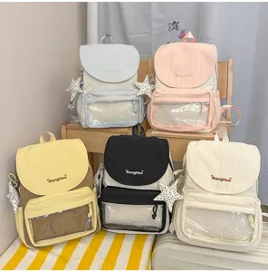 Canvas college style backpack with transparent front pocket and cute star pendant for daily use.