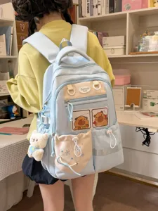 Sac À Dos Décontracté En Nylon Pour Femmes Mignon Ours De Dessin Animé Sac D'école Style Japonais Frais Voyage Daypack Multi Poches Bookbag