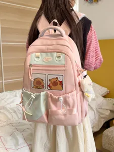 Sac à dos scolaire rose mignon de dessin animé avec poches multiples et pendentif ours.