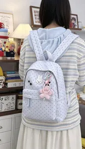 Cute Japanese style polka dot canvas backpack with cute rabbit patch and sweet floral charm.