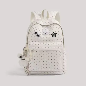Detailed view of the cute polka dot rabbit backpack, featuring sweet cartoon patch and plush pendant.