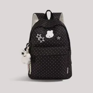 Cute polka dot rabbit school backpack, sweet casual daily student daypack with cute pendant.