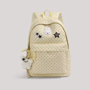 Cute polka dot backpack with bunny patch and star details, ideal for daily school and campus use.