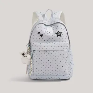 Cute Japanese style polka dot rabbit school backpack detail, sweet daily campus aesthetic bag.