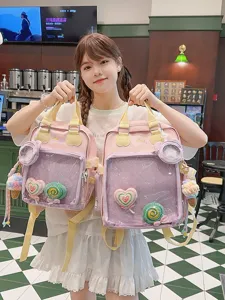 Japanese Ins Transparent Badge Girls Cute Backpack Student Casual School Bookbag Nylon Large Capacity Travel Daypack