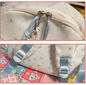 Detail view of the cute star pattern backpack zipper and adjustable strap hardware.