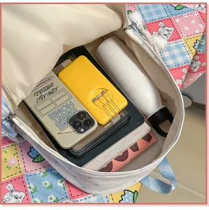 Cute embroidered bear backpack internal detail view, sweet style large capacity book bag.