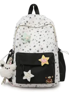 Sweet style star print canvas backpack with cute plush pendant for daily travel and school use