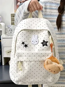 Women Casual Polka Dot Nylon Campus Backpack Student School Bookbag Cute Rabbit Patch Daypack