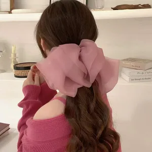 Large chiffon hair bow clip for women elegant ponytail holder pink hair accessory 2024 new
