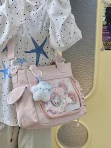 Χαριτωμένη ροζ τσάντα ώμου kawaii γλυκό στυλ ita bag με διαφανές παράθυρο και λούτρινο.