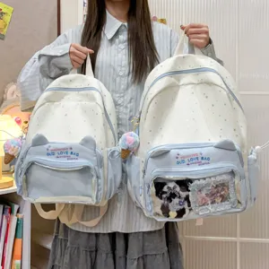 Detailed view of the cute Japanese style star print cat ear backpack with clear front pocket.