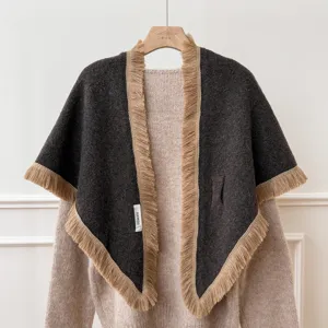 Châle triangulaire à franges rétro automne hiver cape en tricot écharpe croisée chaude