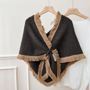 Retro marron tricot frange triangulaire châle automne hiver écharpe croisée élégante cape.