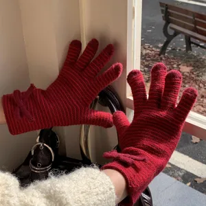 Gants en Tricot à Rayures Avec Nœud pour Femmes Écharpe en Polyester Chaud Hiver Gants Écran Tactile Écharpe Coupe-Vent Douce Accessoires Style Coréen