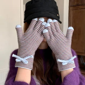 Gants tactiles rayés en tricot avec joli nœud pour femmes automne hiver au chaud.