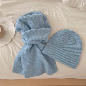 Détail de l'ensemble écharpe et bonnet en tricot bleu clair, texture douce et chaude d'hiver.