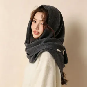 Style coréen châle tricoté avec capuche et franges grand foulard triangle mode hiver