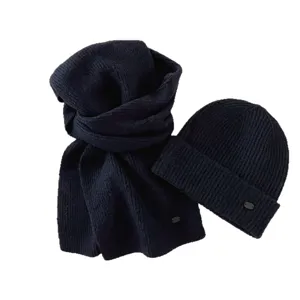 Ensemble écharpe et bonnet en tricot bleu marine pour femme, bonnet chaud d'hiver et cache-cou.