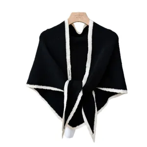 Châle triangulaire en mélange de laine noire et blanche, cape en tricot chaude pour femme.
