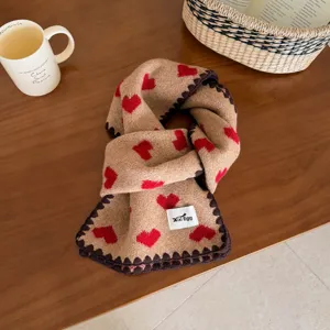 Korean style cute heart knit scarf with brown border, cozy autumn and winter fashion accessory.