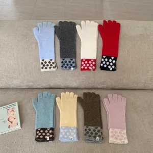 Gants longs en tricot à pois rétro pour femmes, automne et hiver tactiles et chauds élégants.