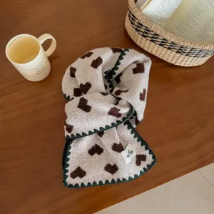 Korean style heart knitted scarf, soft autumn winter warm shawl, cute contrast edge design.