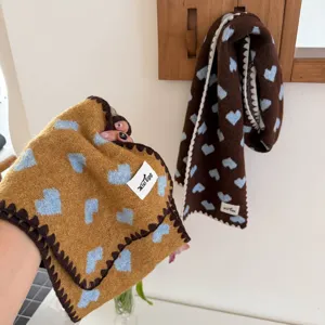 Korean style knit scarf with cute blue heart pattern, soft and warm winter shawl for women.