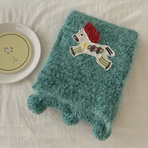 Cute horse embroidery knit scarf autumn winter cozy warm fuzzy neck warmer for women