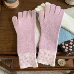 Gants longs tricotés à pois rétro tactiles pour femmes, élégants accessoires d'hiver chauds.