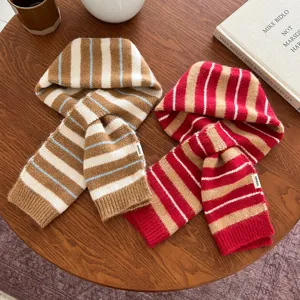 Chic stripe color-block knitted hooded scarf for women, cozy autumn winter warm bib.