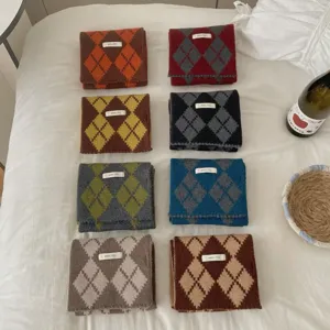 Écharpe en tricot à motif argyle vintage coréen, cache-cou chaud d'hiver pour femmes.