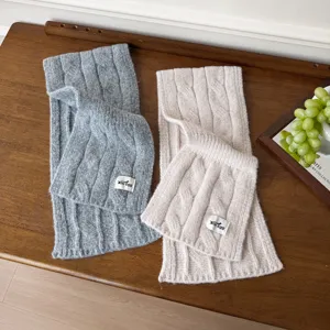 Korean style wool cable knit scarf for women, soft solid color winter warm neck wrap.