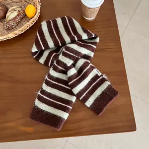 Brown and light green striped knit scarf for women, cozy winter warm woolen neck wrap accessory.