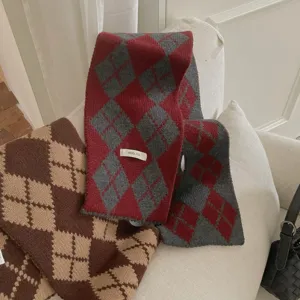 Écharpe en tricot à motif argyle rétro coréen pour femme, cache-cou mode hiver à carreaux.
