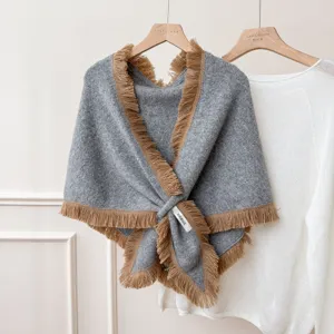 Châle triangle à franges rétro automne hiver cape en tricot écharpe croisée élégante