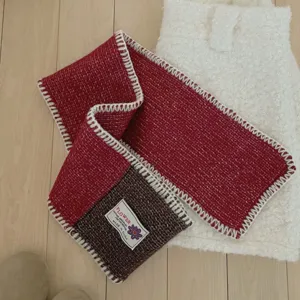 Colorblock knit winter scarf for women, short woolen neck warmer with whipstitch edging.