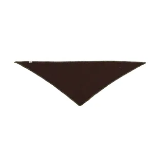 Detailed close-up shot of brown triangle scarf featuring green contrast stitching and side brand label.