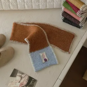 Knitted short wool blend colorblock scarf detail, soft warm winter neck warmer knitwear.