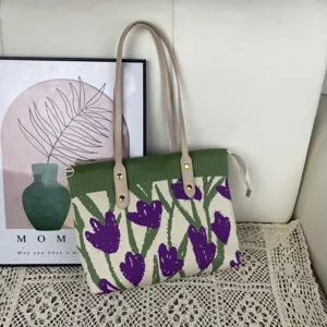Sac à épaule en tricot avec motif tulipe violette, cabas décontracté pour femme.