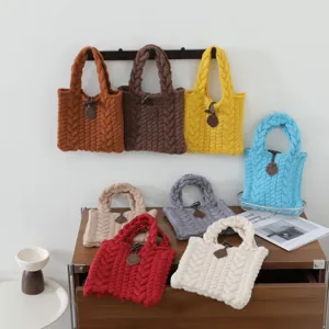 Sac à Main Femme Style Coréen à Torsades Bouton Brandebourg Sac Fourre-tout au Crochet Automne Hiver Petit Sac en Polyester