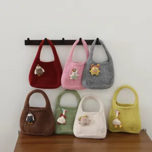 Cute knit woolen handbag with cartoon animal plush charm mini tote bag for women and kids