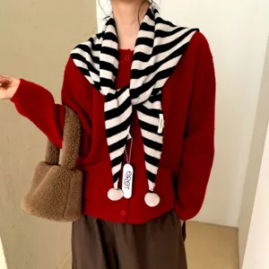 Écharpe Triangle en Tricot 100% Laine Pure pour Femmes Châle Rayé Couleur Unie avec Pompon Automne Hiver Enveloppement de Cou