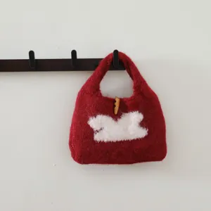 Sac à Main Mignon en Laine Tricotée Lapin pour Femmes Automne Hiver Dessin Animé Jacquard Petit Sac Fourre-Tout Navetteur Polyvalent
